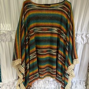 Boho Multi-Color Striped Poncho Sweater with Crochet Trim